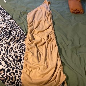 Tan ribbed off shoulder dress